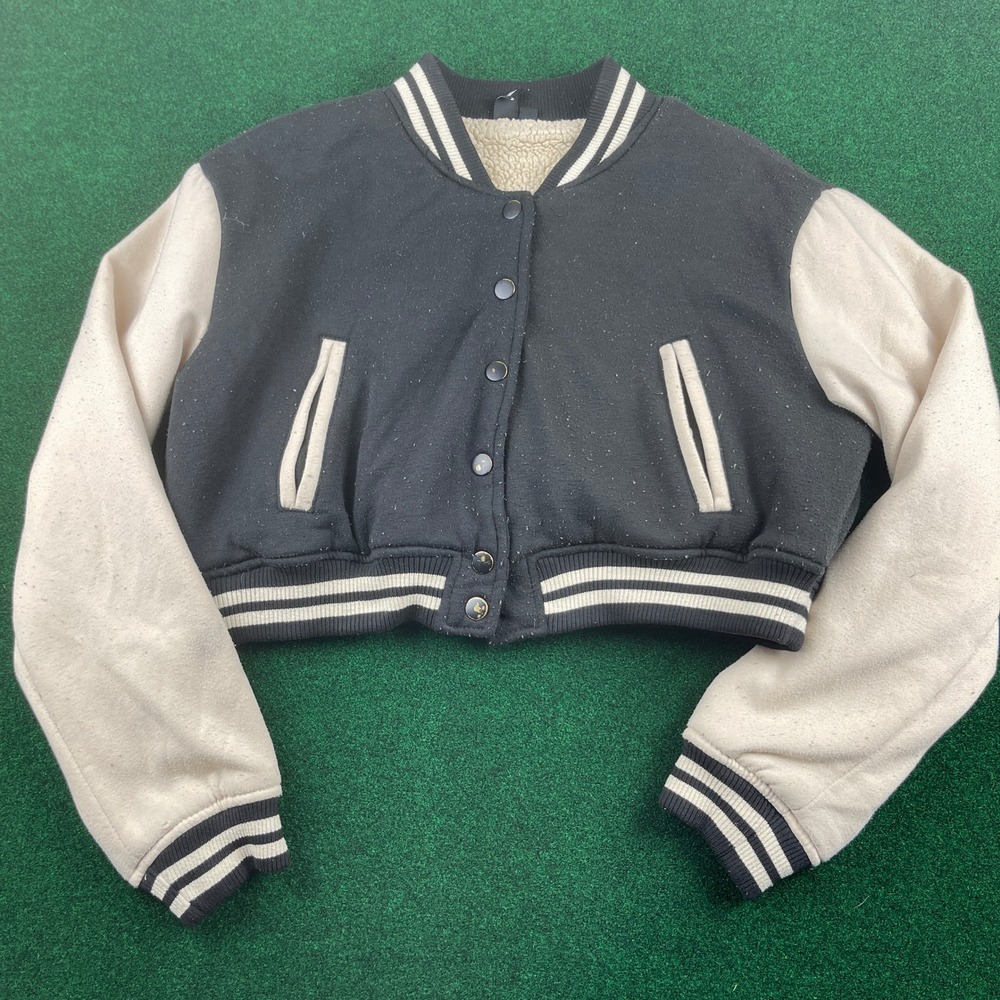 Windsor Black Cream Cropped Varsity Bomber Jacket Sherpa Lined‎ Size S